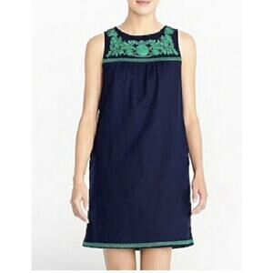 J Crew Shift Dress Small Navy Blue Green Embroidered Linen Blend Pockets 1750
